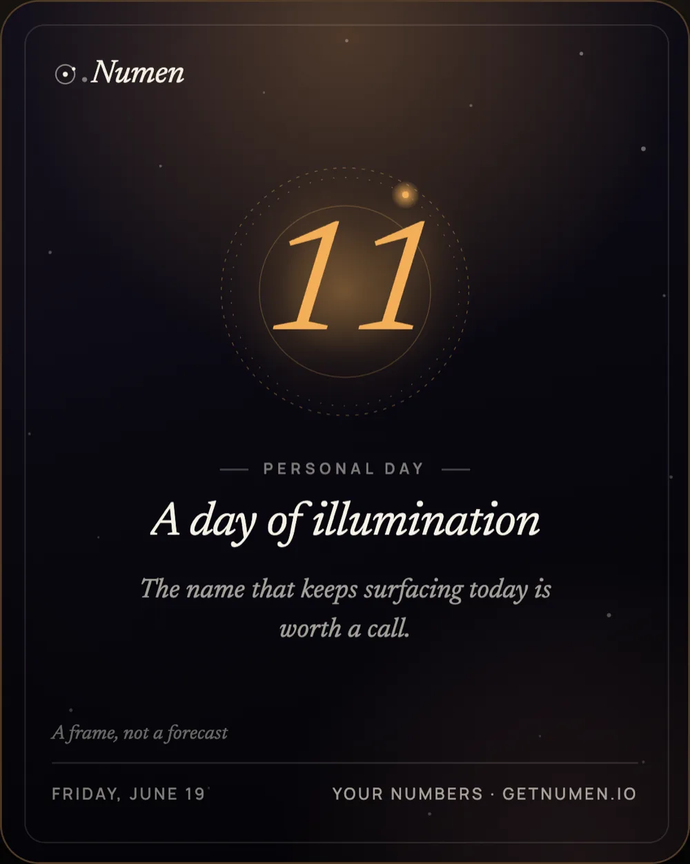 A Numen share card showing the number 11 on a deep cosmic ground
